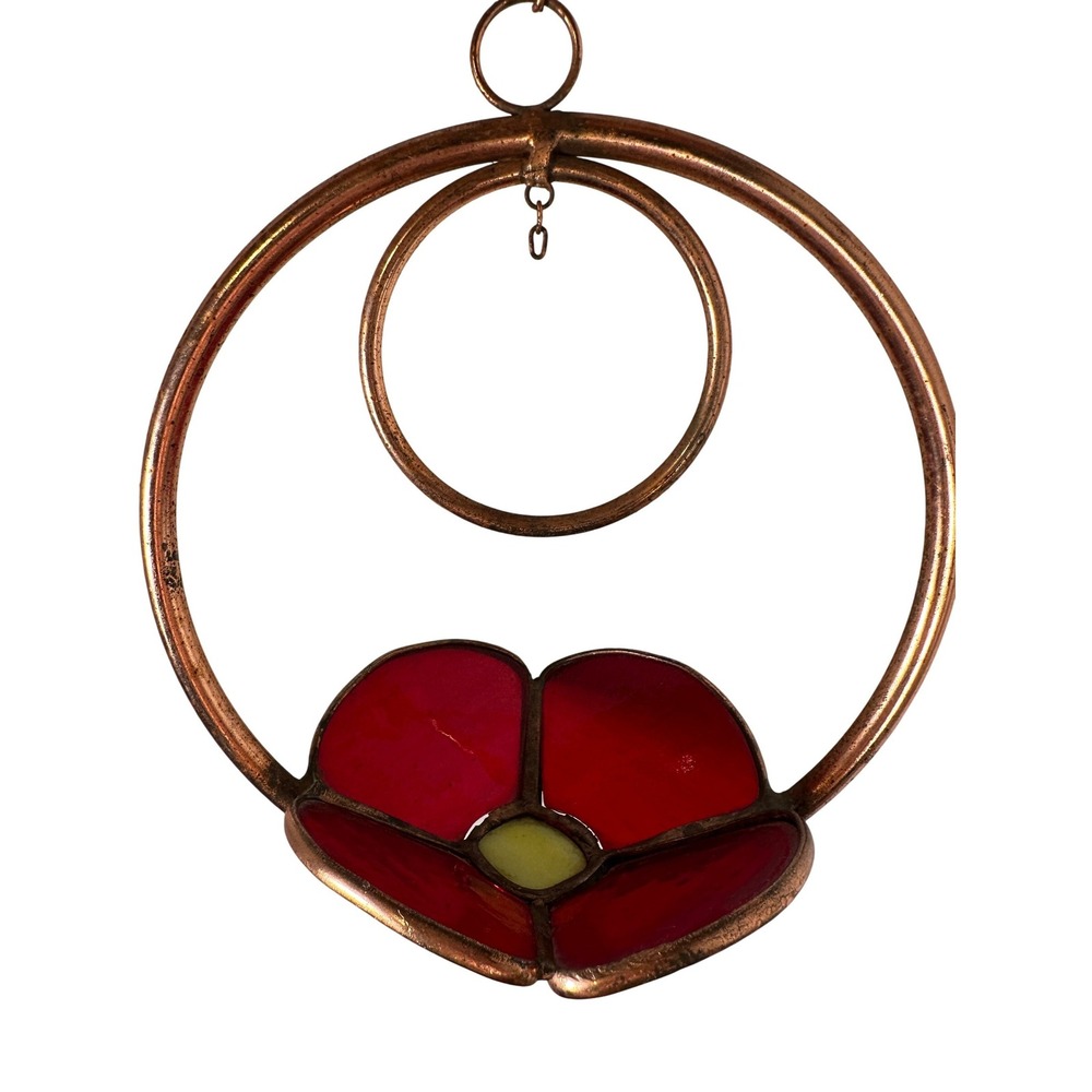 Red Stained Glassโ Poppy Suncatcher Outdoor Boho Floral Hoop Decor 7" Window Art